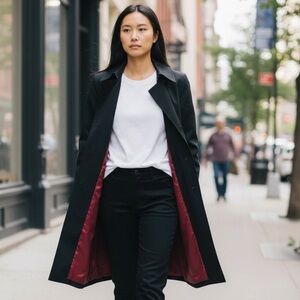 London Fog Black Coat with Burgundy Lining